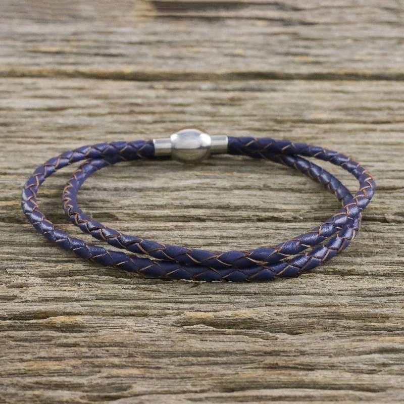 Women’s sparkling bracelets-Blue Charm Leather Wrap Bracelet in Blue (15 in.) from Thailand