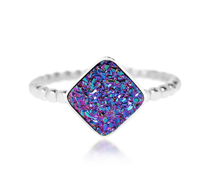 Women’s chunky rings-Small Square Purple Rainbow Druzy Ring