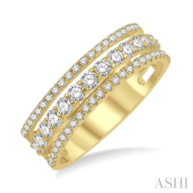 Women’s halo engagement rings-3/4 Ctw Round Cut Diamond Split Triple Ring in 14K Yellow Gold