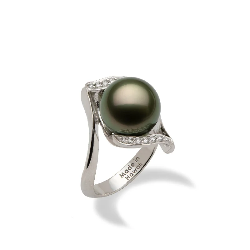 Women’s engagement rings with black diamonds-Tahitian Black Pearl Ring in White Gold with Diamonds - 11-12mm