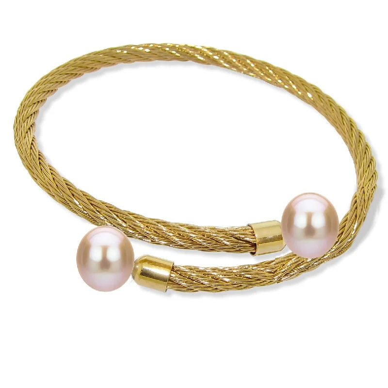 Women’s stackable bangles-DaVonna Stainless Steel 9-10mm Pink Long Shape Pearl Expandable Bangle Bracelet