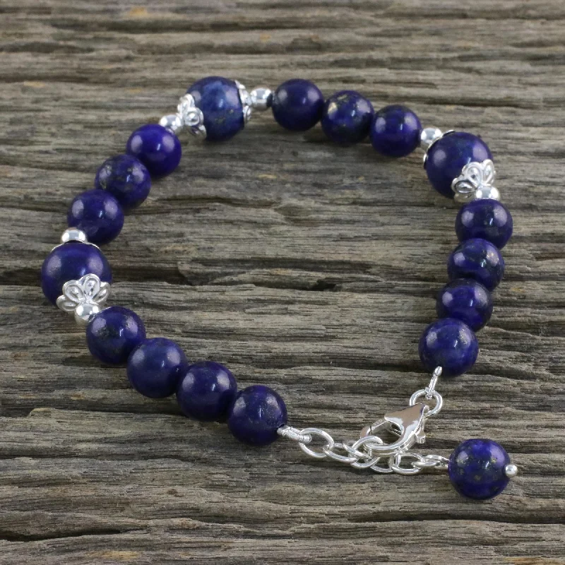 Women’s artistic bangles-Floral Deep Thai Lapis Lazuli and Sterling Silver Beaded Bracelet