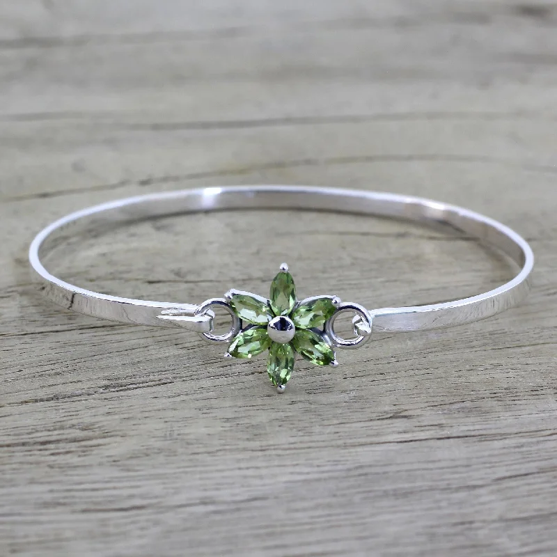 Women’s stacked bracelets-Marquise Flower Peridot and Sterling Silver Floral Bracelet from India