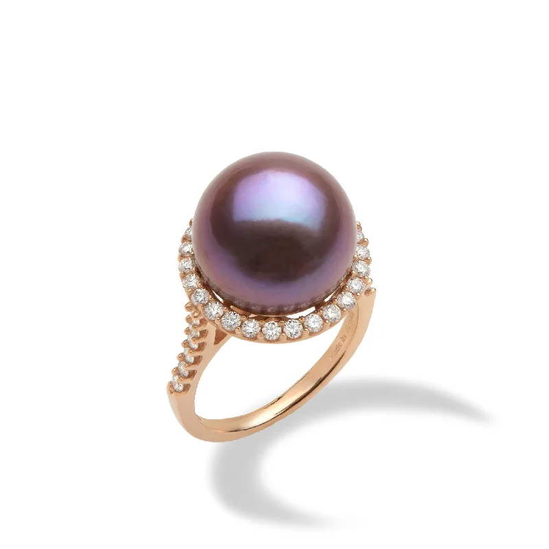 Women’s vintage diamond engagement rings-Ultraviolet Freshwater Pearl Ring in Rose Gold with Diamonds - 14-15mm