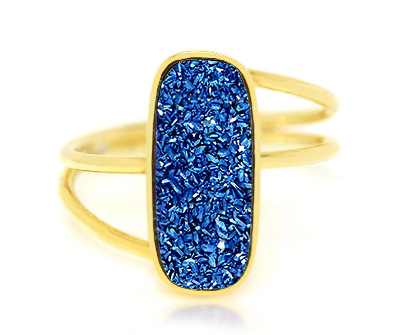 Women’s boho rings-Double Twist Rectangle Blue Druzy Gold Ring