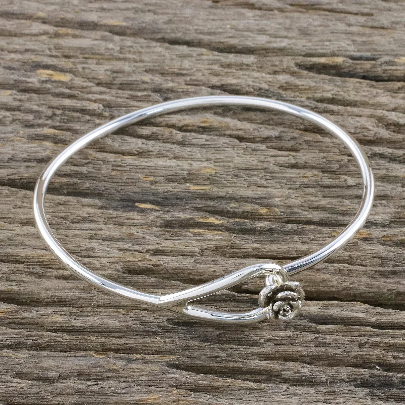 Women’s textured bangles-Miniature Rose Sterling Silver Bangle Bracelet with Rose Closure