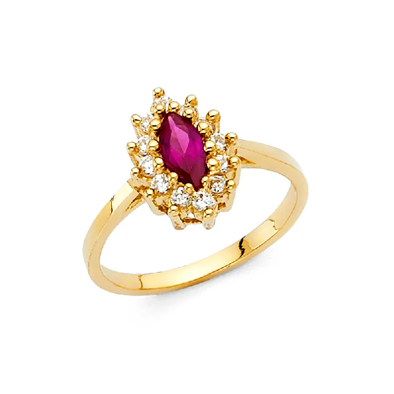 Women’s personalized birthstone rings-14K Solid Gold Red CZ Halo Fancy Ring