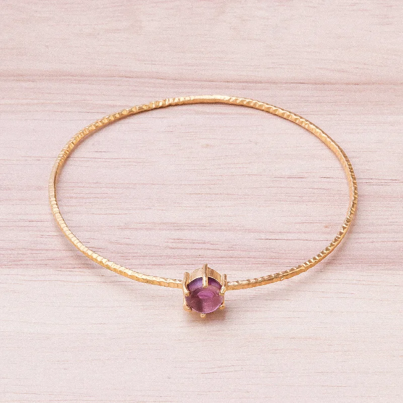 Women’s shiny bangles-Twilight Star Amethyst and 18K Gold Plated Hammered Brass Bangle Bracelet