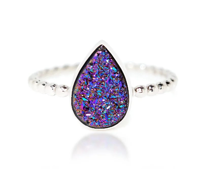 Women’s birthstone rings-Teardrop Purple Rainbow Druzy Ring