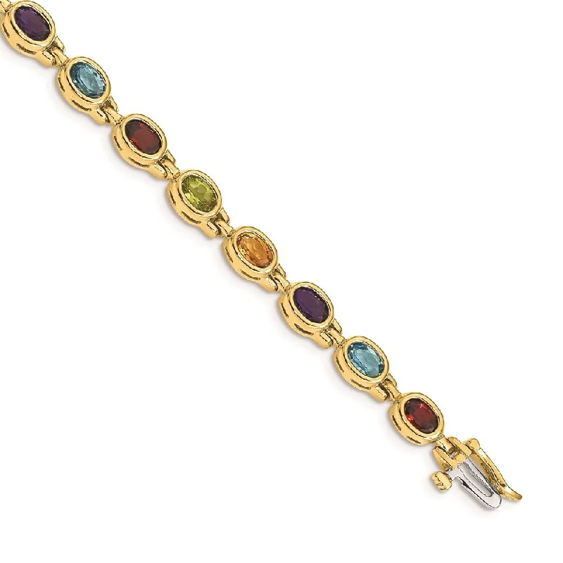 Women’s elegant bangles-14k Yellow Gold 6mm Oval Gemstone Rainbow Bracelet, 7"