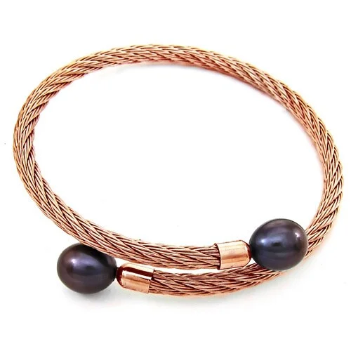 Women’s rose gold bangles-DaVonna Rose Stainless Steel 9-10mm Black Long Shape Pearl Expandable Bangle Bracelet