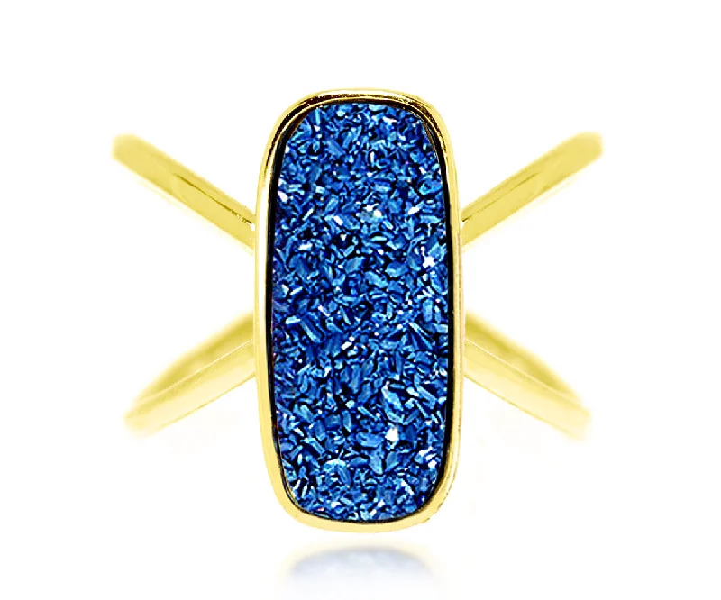 Women’s unique gemstone rings-Criss Cross Rectangle Blue Druzy 14k Ring