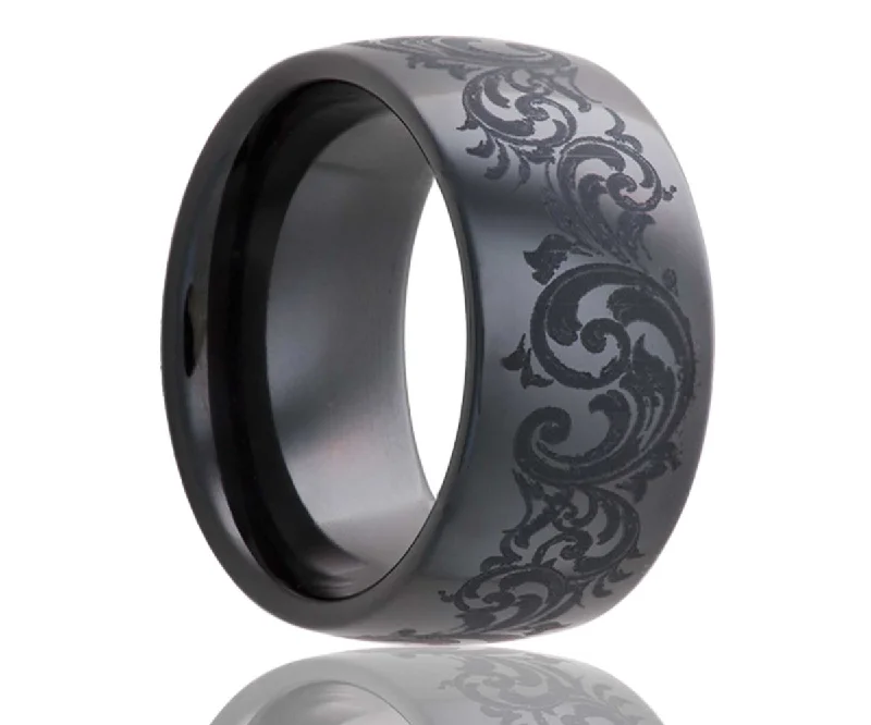 Women’s sapphire rings-Black Laser Engraved Swirl Ceramic Ring