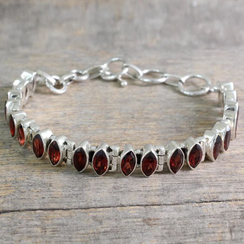 Women’s engraved bangles-Red Marquise Garnet and Silver Tennis Bracelet Handcrafted in India