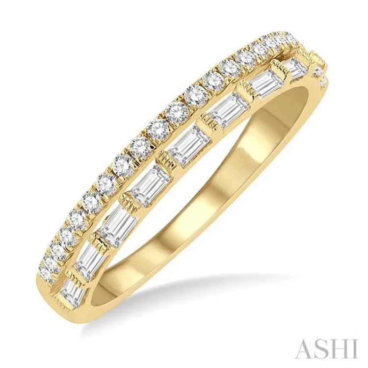 Women’s stacked engagement rings-1/2 Ctw Parallel Row Baguette and Round Cut Diamond Stackable Fashion Band in 14K Yellow Gold