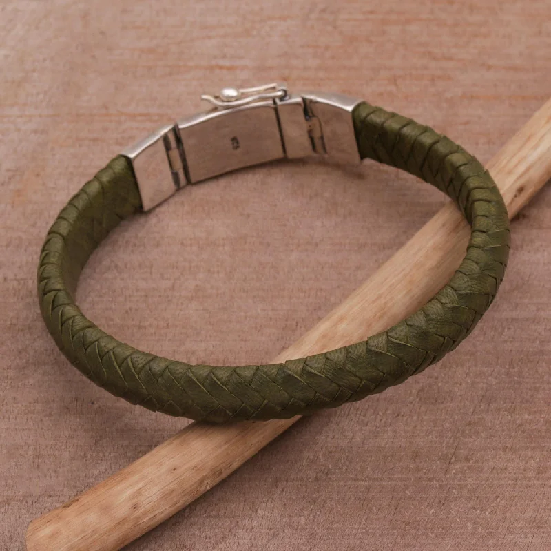 Women’s gemstone bangles-Shrine Weave in Green Green Leather Braided Wristband Bracelet from Bali