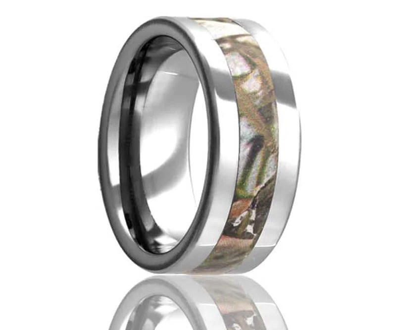 Women’s gold solitaire rings-Flat Edge Desert Camo Tungsten Band