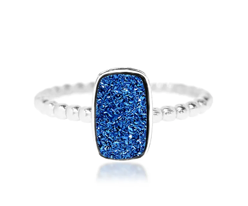 Women’s chunky gemstone rings-Vertical Rectangle Sapphire Blue Druzy Ring