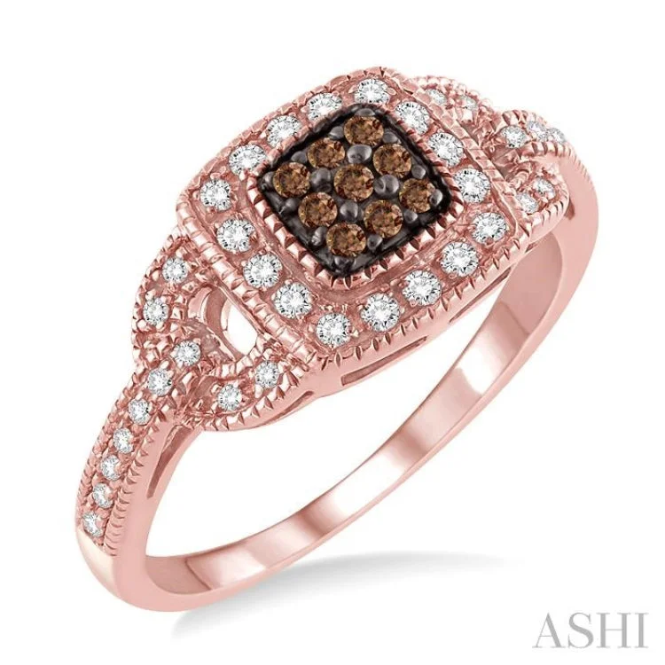 Women’s engagement rings with baguette diamonds-1/3 Ctw Round Cut White and Champagne Brown Diamond Ring in 10K Rose Gold