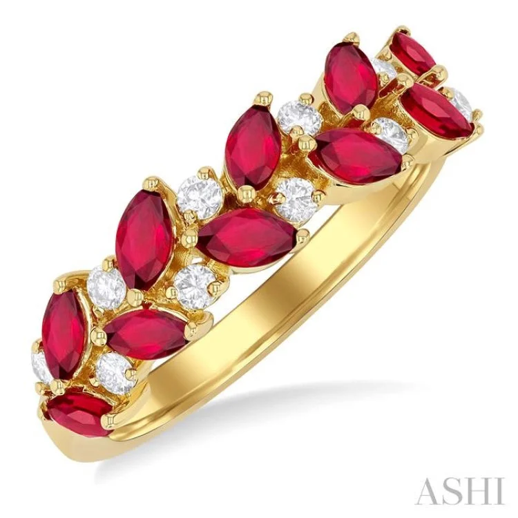 Women’s custom-made engagement rings-1/5 ctw Leafy 4X2MM Marquise Cut Ruby and Round Cut Diamond Precious Band in 14K Yellow Gold