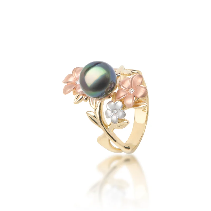 Women’s unique engagement rings-Pearls in Bloom Plumeria Tahitian Black Pearl Ring in Tri Color Gold with Diamonds - 22mm