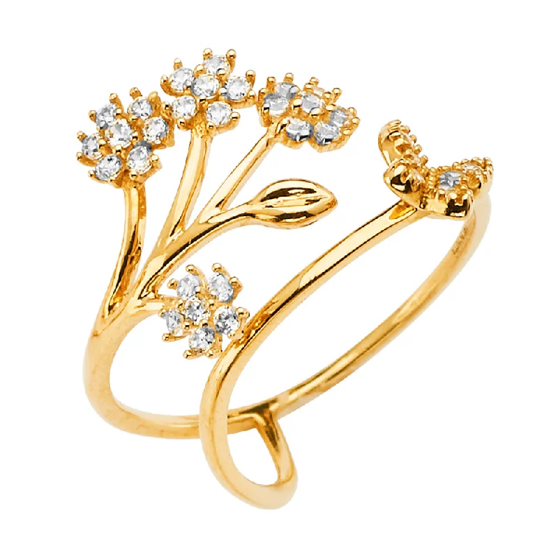 Women’s gold rings-14K Solid Gold Flower and Butterfly CZ Adjustable Ring