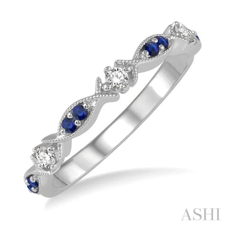 Women’s affordable engagement rings-1.35 MM Round Cut Sapphire and 1/10 Ctw Round Cut Diamond Half Eternity Wedding Band in 10K White Gold