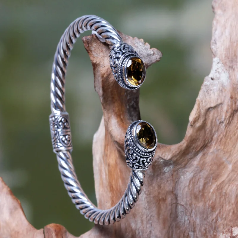 Women’s handmade bangle bracelets-Bali Splendor Sterling Silver Hinged Cuff Bracelet with Citrines