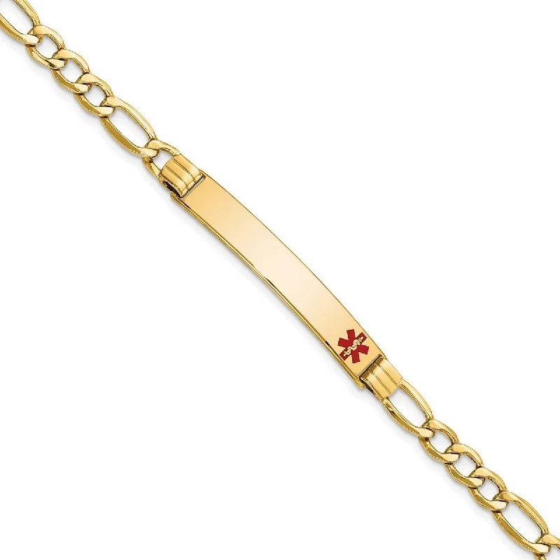 Women’s braided leather bracelets-Curata 14k Yellow Gold 6.5mm Engravable Medical Red Enamel Figaro ID Bracelet