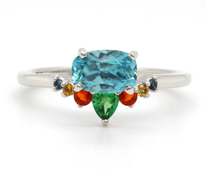 Women’s promise rings-Fiesta Zircon, Tsavorite Garnet, Sapphire, Mexican Opal Ring