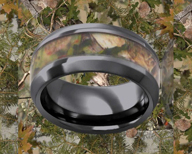 Women’s rose diamond rings-Beveled Edge Woodland Pine Black Ceramic Ring