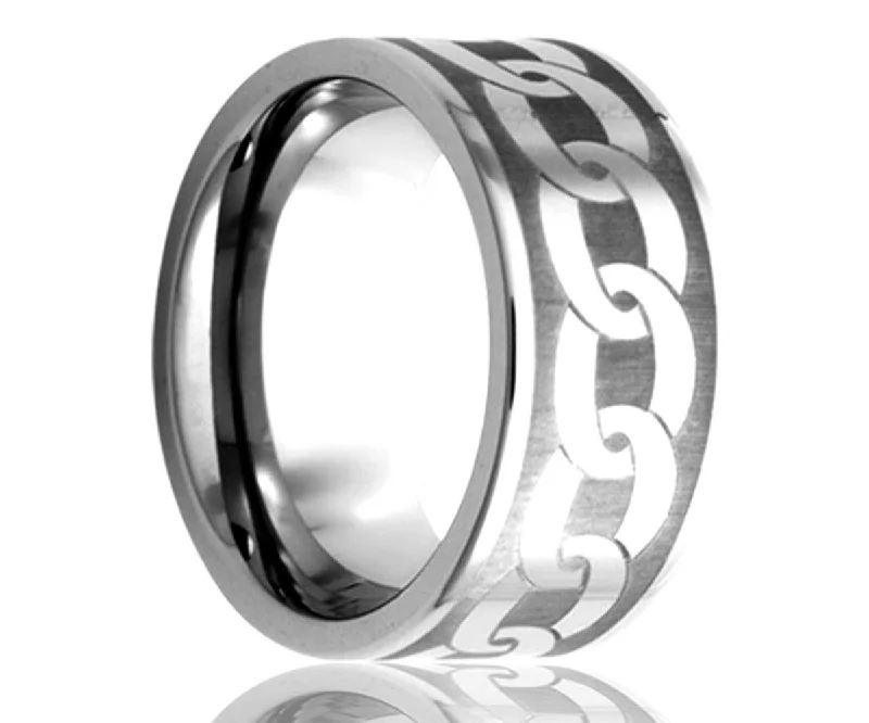 Women’s platinum wedding bands-Chain Link Engraved Flat Tungsten Ring