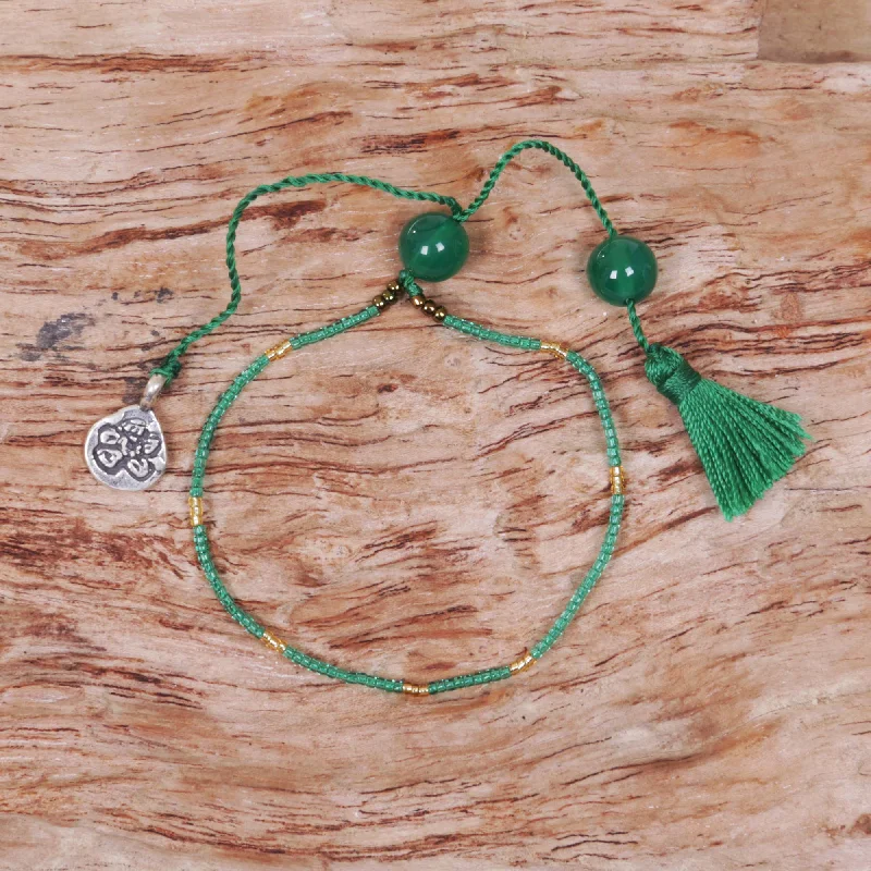 Women’s oval bangles-Silver Flower in Green Hand Made Green Quartz Beaded Charm Bracelet from Indonesia