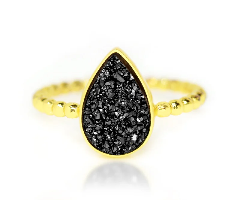 Women’s emerald wedding rings-Teardrop Black Druzy 14K Gold Ring