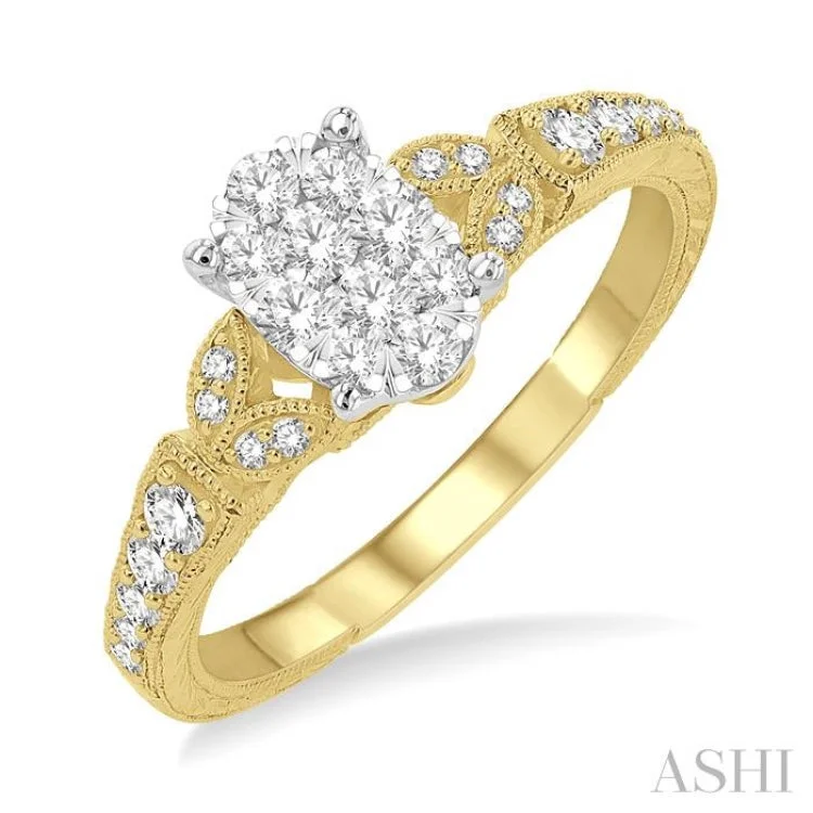 Women’s unique engagement rings-1/2 ctw Oval Shape Leaf Carved Shank Lovebright Round Cut Diamond Engagement Ring in 14K Yellow and White Gold