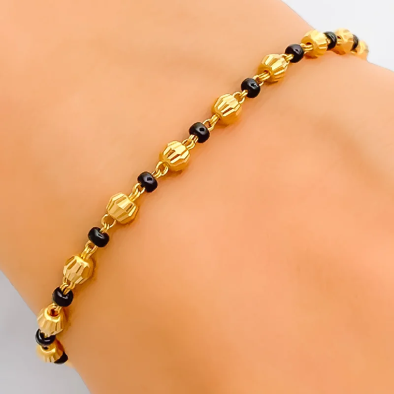 Women’s silver bangles-Dainty Alternating 22k Gold Black Bead Bracelet