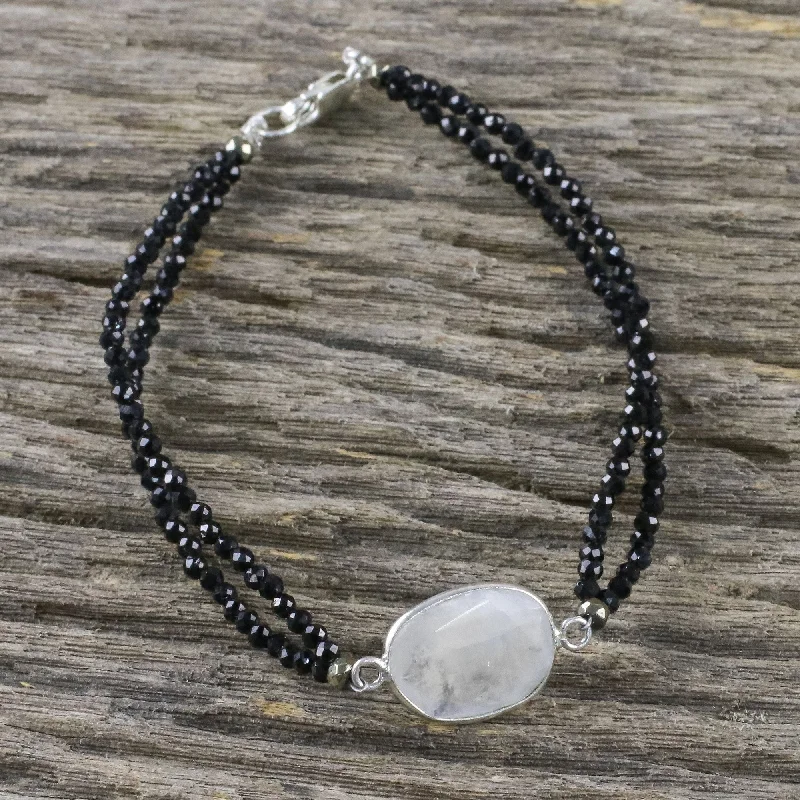 Women’s simple silver bracelets-Moon Lover Rainbow Moonstone Beaded Pendant Bracelet from Thailand