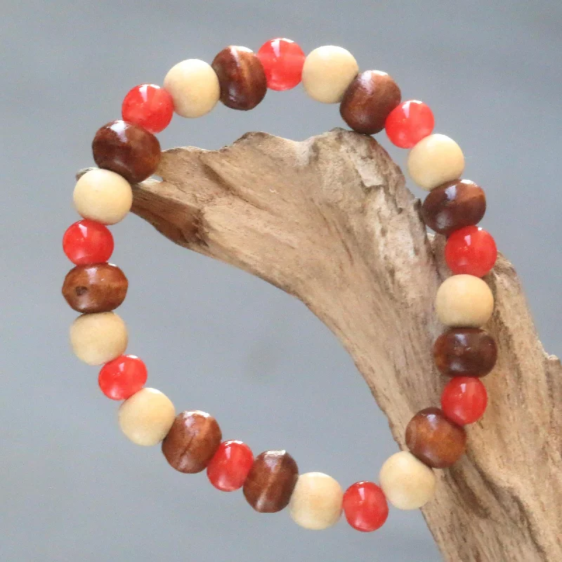 Women’s gold tennis bracelets-Red Connection Beaded Stretch Bracelet with Ceramic and Wood Beads