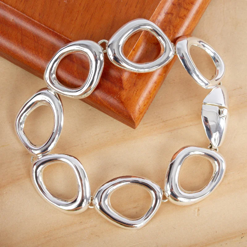 Women’s cuff bracelets-Bold Curves Mexican Handmade Taxco Silver Link Bracelet