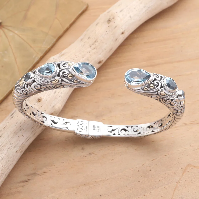 Women’s gold bangles-Fierce Warrior in Blue Sterling Silver and Blue Topaz Cuff Bracelet from Bali