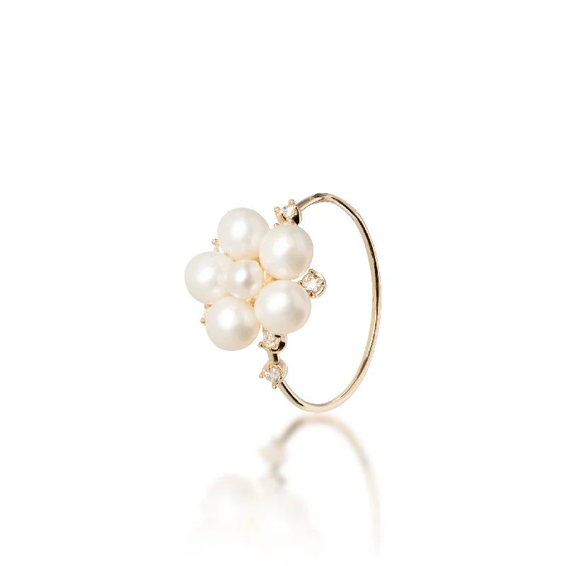 Women’s white gold engagement rings-Tiny Bubbles Freshwater White Pearl Ring in Gold with Diamonds