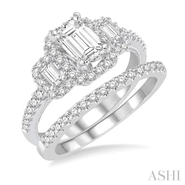 Women’s engagement rings with heart-shaped diamonds-1 1/10 ctw Diamond Bridal Set with 1 ctw Emerald Cut Engagement Ring and 1/8 ctw Wedding Band in 14K White Gold