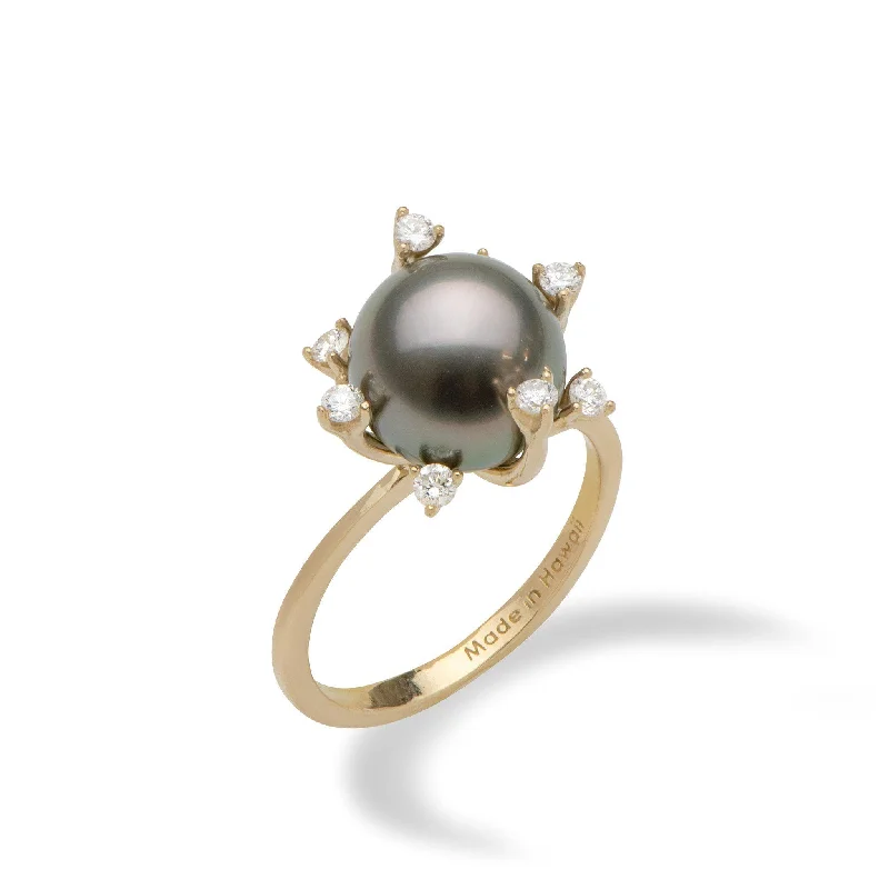 Women’s simple solitaire engagement rings-Protea Tahitian Black Pearl Ring in Gold with Diamonds - 10-11mm