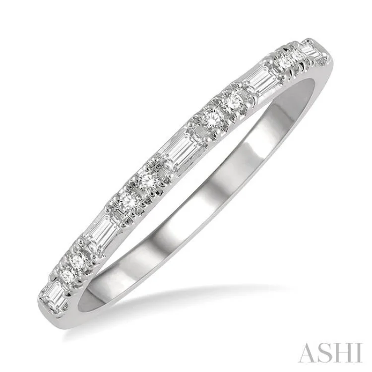 Women’s double band engagement rings-1/6 Ctw Baguette and Round Cut Diamond Stack Band in 14K White Gold