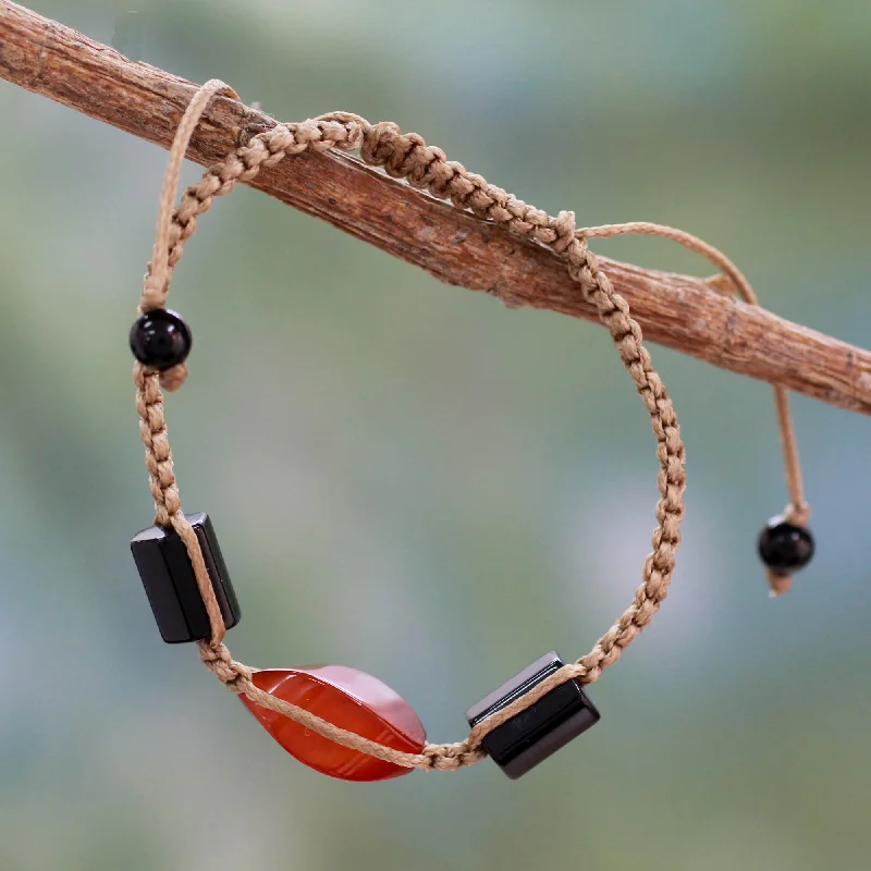 Women’s oval bangles-Midnight Flame Onyx and Red Agate Macrame Bracelet