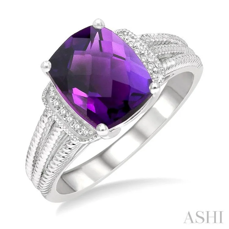 Women’s simple solitaire engagement rings-1/20 Ctw Round Cut Diamond & 10x8MM Cushion Cut Amethyst Semi Precious Ring in Sterling Silver