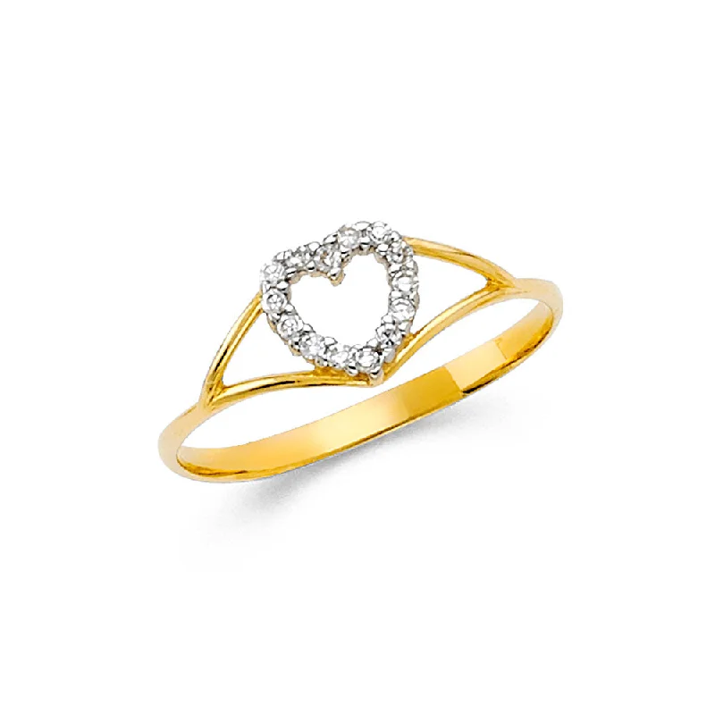 Women’s simple gold engagement rings-14K Solid Gold CZ Heart Fancy Ring