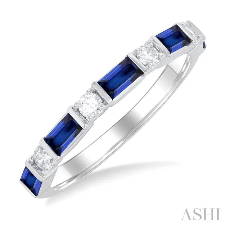 Women’s luxury engagement rings-1/5 ctw Art Deco 4X2MM Baguette Cut Sapphire and Round Cut Diamond Precious Band in 14K White Gold