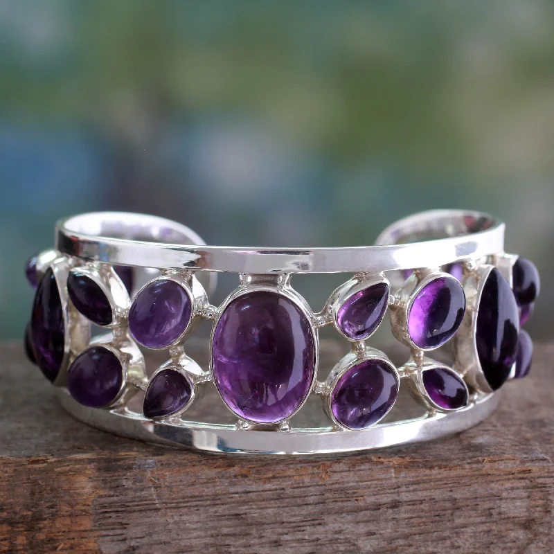 Women’s adjustable charm bracelets-Purple Harmony Amethyst Silver Cuff Bracelet