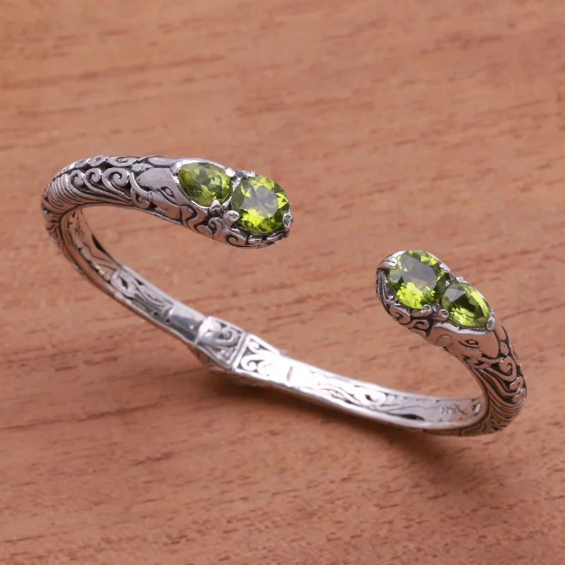 Women’s elegant bracelets-Elephant's Treasure Elephant Motif Peridot Cuff Bracelet from Bali